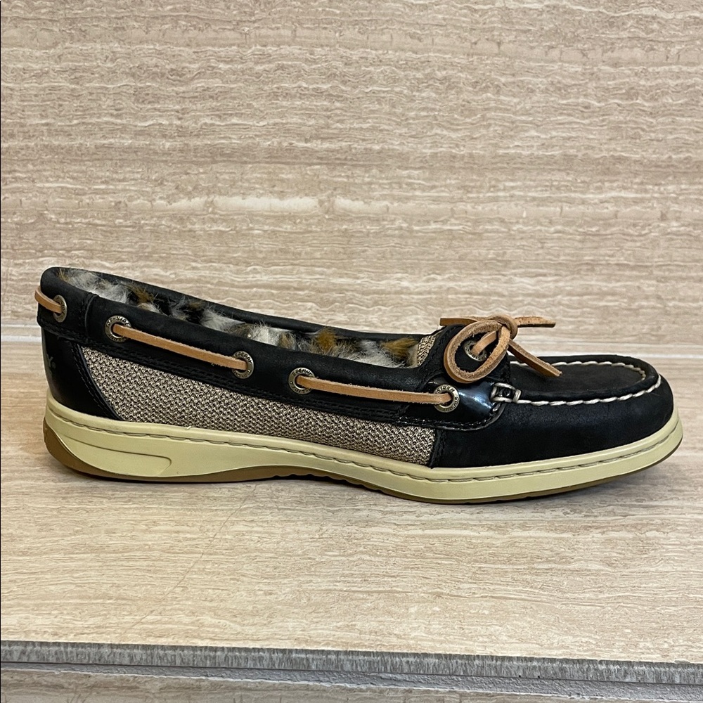 Sperry NWOT Black Flat Moccasin with Leopard Faux-Fur Lining - Picture 9 of 13